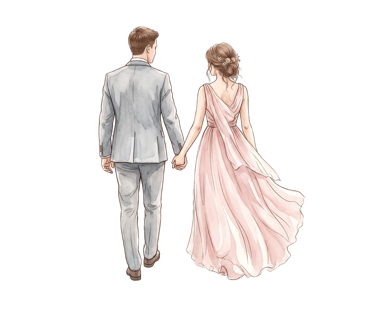 Watercolor silhouette of a couple holding hands beneath a floral arch