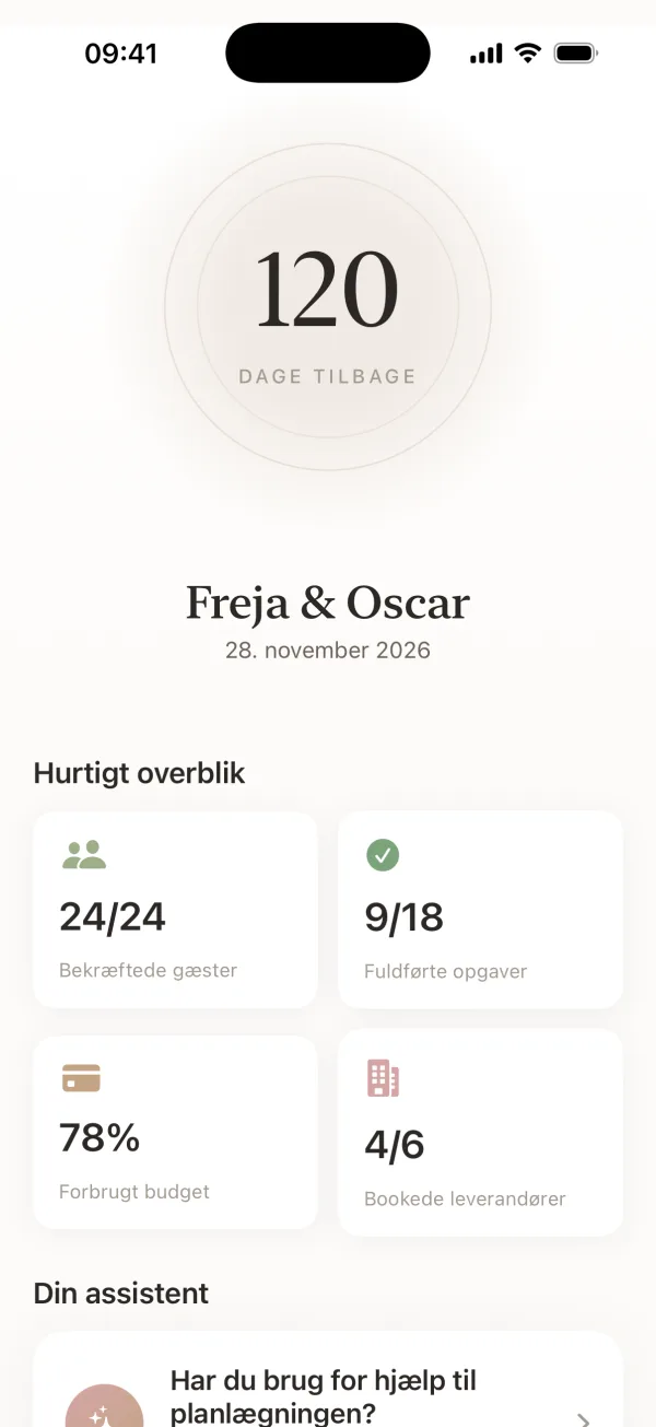 Wedding Harmony-oversigt med nedtælling til bryllupsdagen