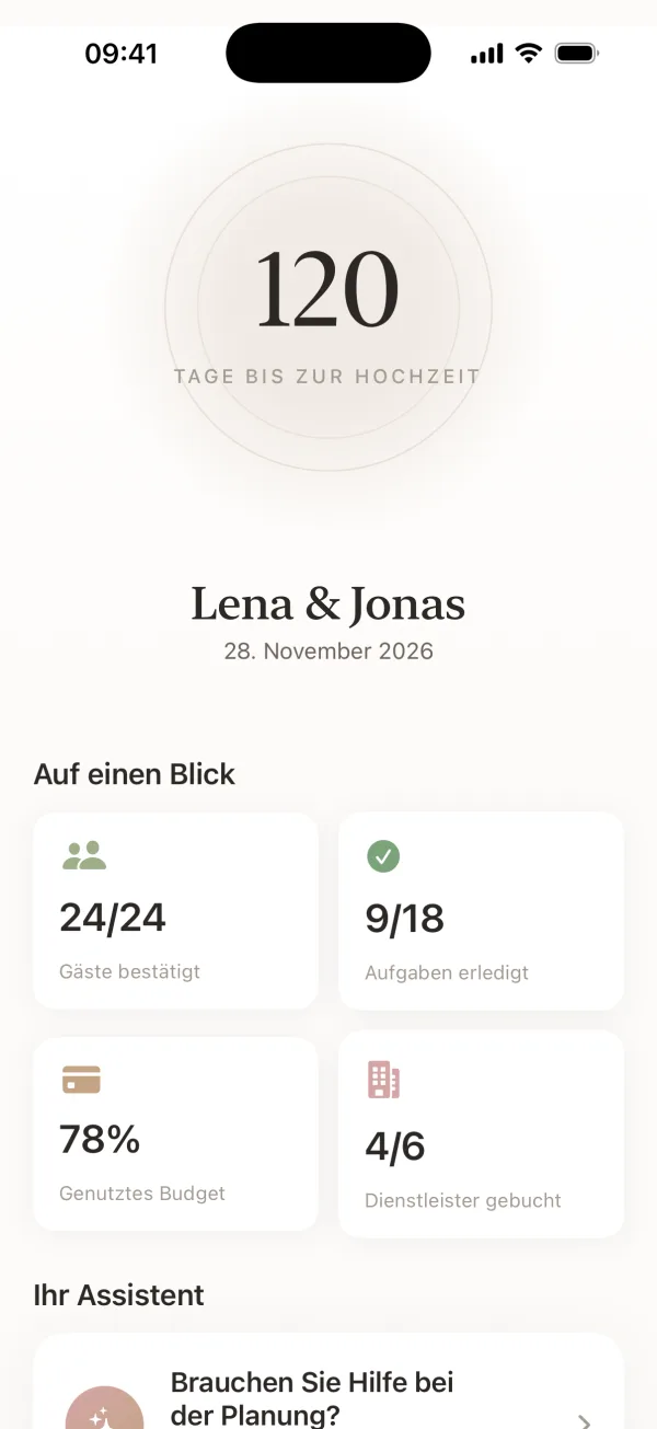 Wedding-Harmony-Übersicht mit Countdown bis zur Hochzeit