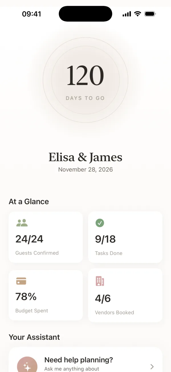 Wedding Harmony dashboard with a countdown to the wedding day