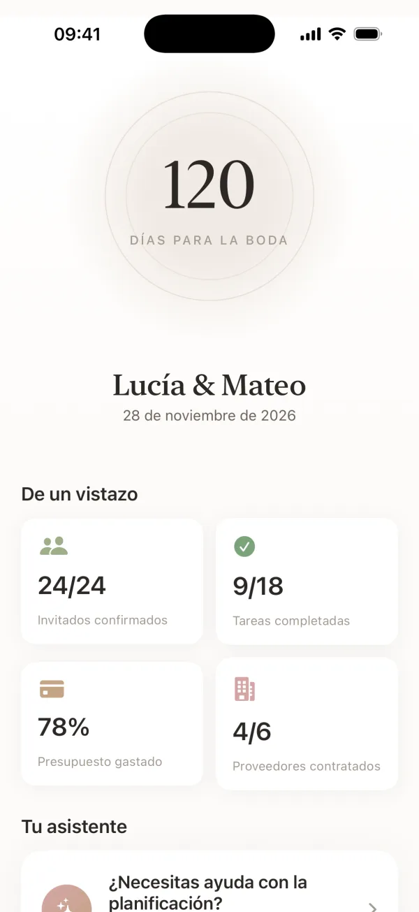 Panel de Wedding Harmony con cuenta atrás para la boda