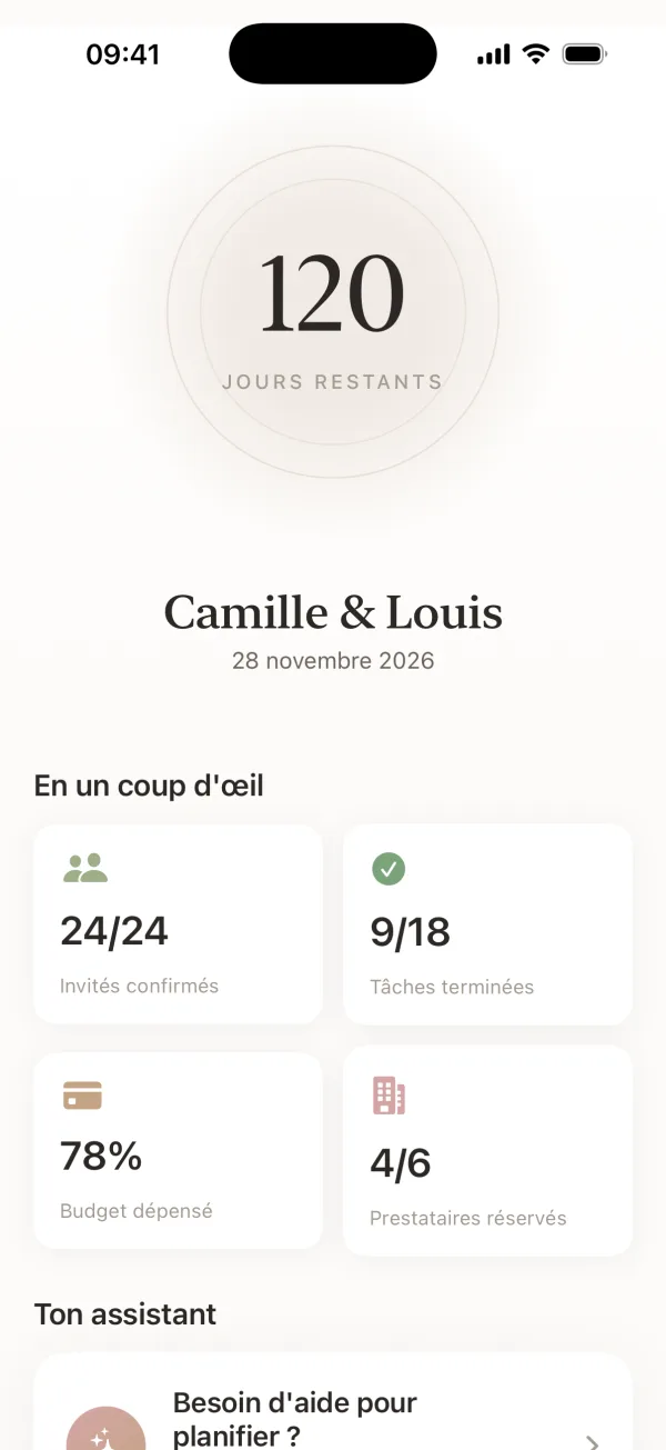 Tableau de bord Wedding Harmony avec compte à rebours jusqu'au jour J
