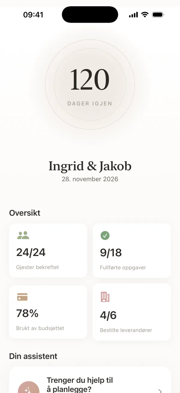 Wedding Harmony-oversikt med nedtelling til bryllupsdagen
