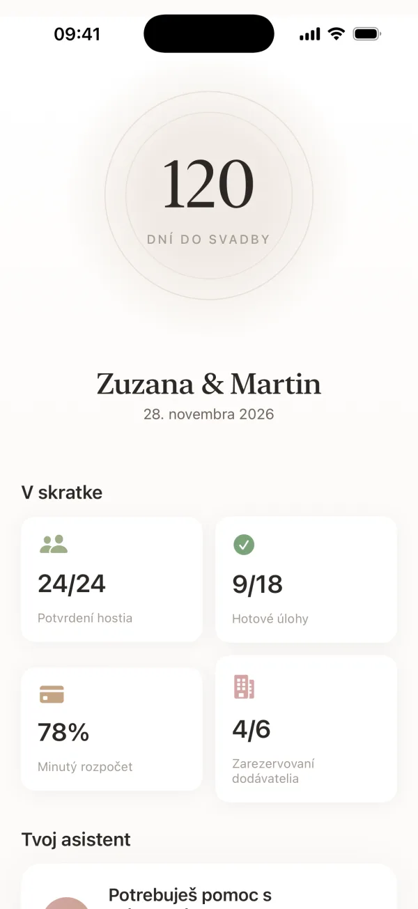 Prehľad Wedding Harmony s odpočítavaním do svadobného dňa