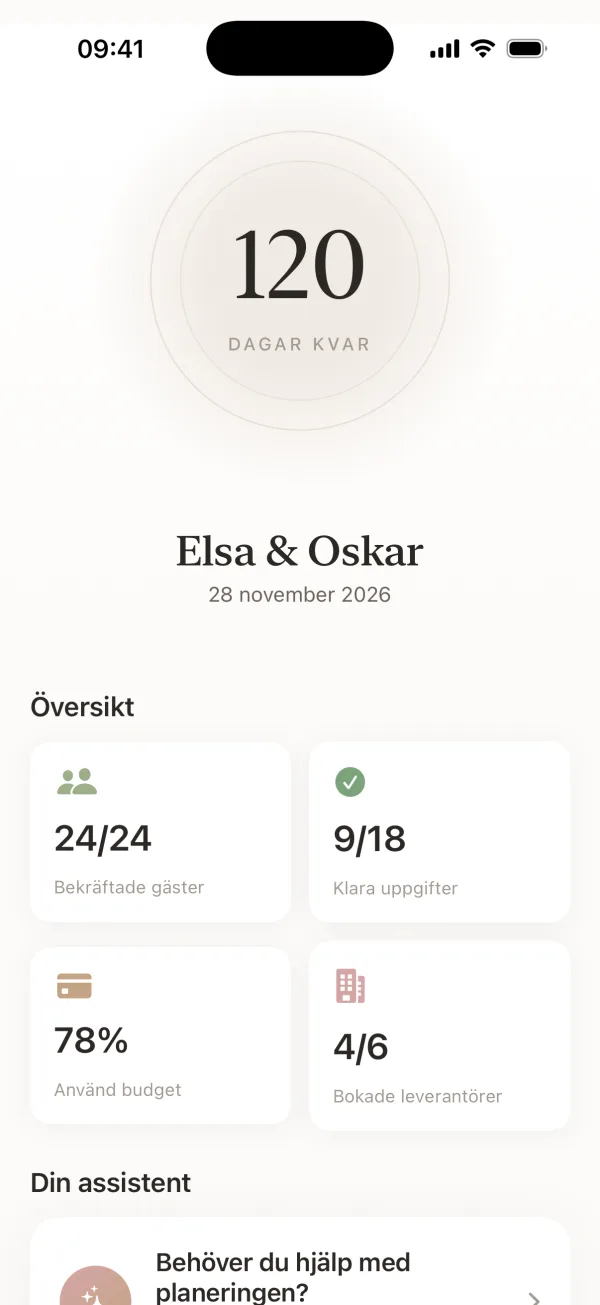 Wedding Harmonys översikt med nedräkning till bröllopsdagen