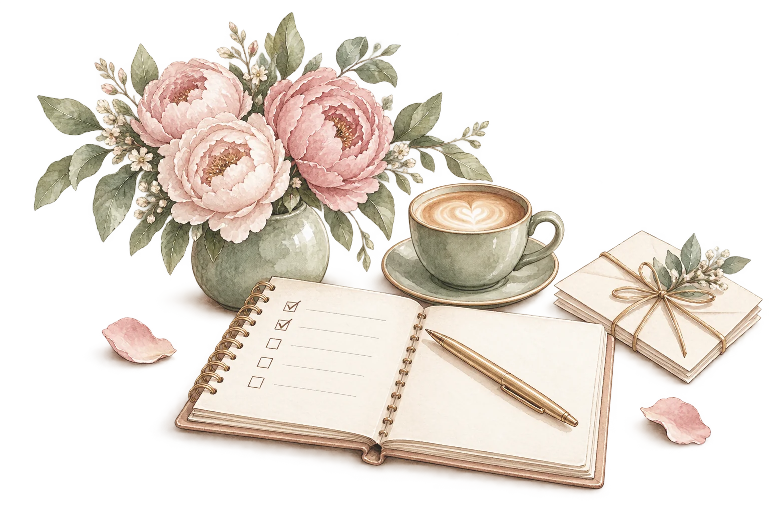 Watercolor painting of a planning desk with peonies, a checklist notebook, and a cup of coffee