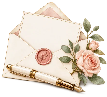 Watercolor envelope with a wax seal, a fountain pen and roses