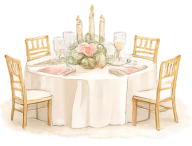 Watercolor illustration of a round wedding table with place settings