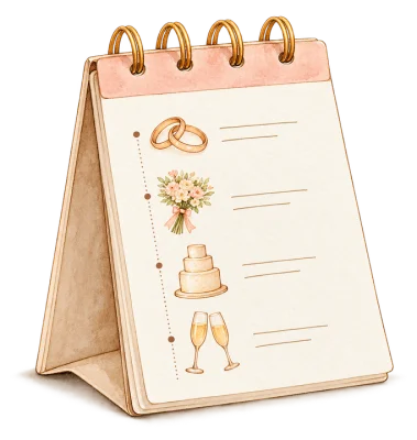 Watercolor desk calendar with rings, a bouquet, a cake and champagne